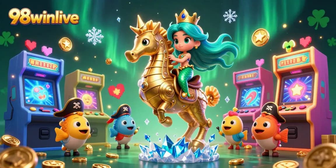 Engage with 98winlive's vibrant cartoon world featuring a mermaid and colorful fish, celebrating online gaming.