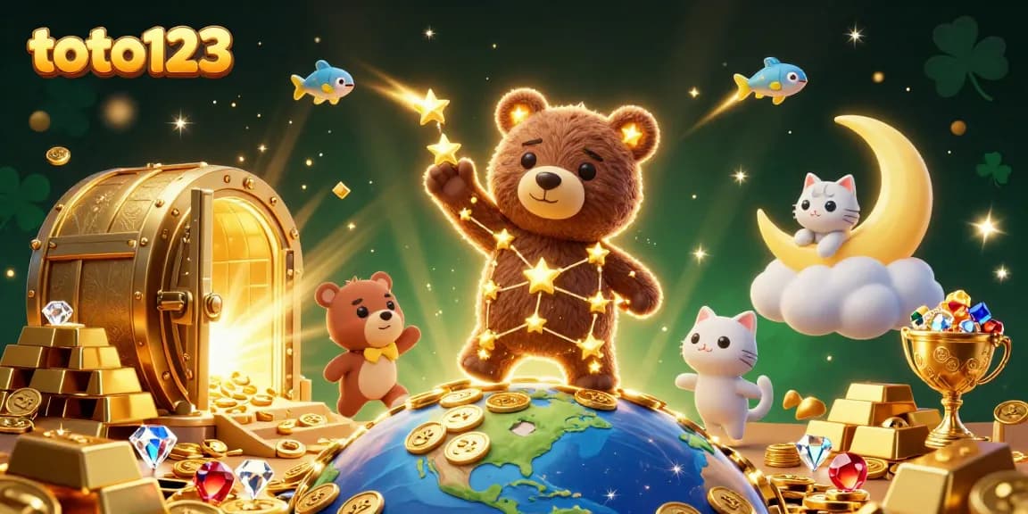 Experience thrilling wins with toto123 in this dynamic 3D casino illustration filled with treasures.