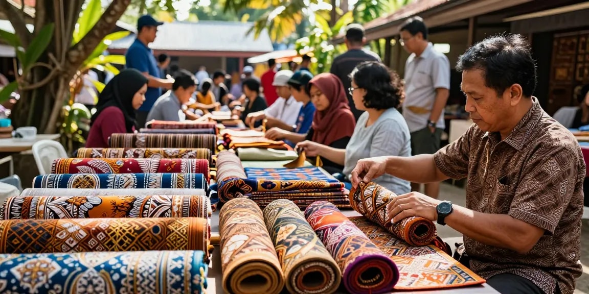 BATIK 88 - Suasana pasar batik dengan pengrajin yang menciptakan tekstil batik berwarna-warni.