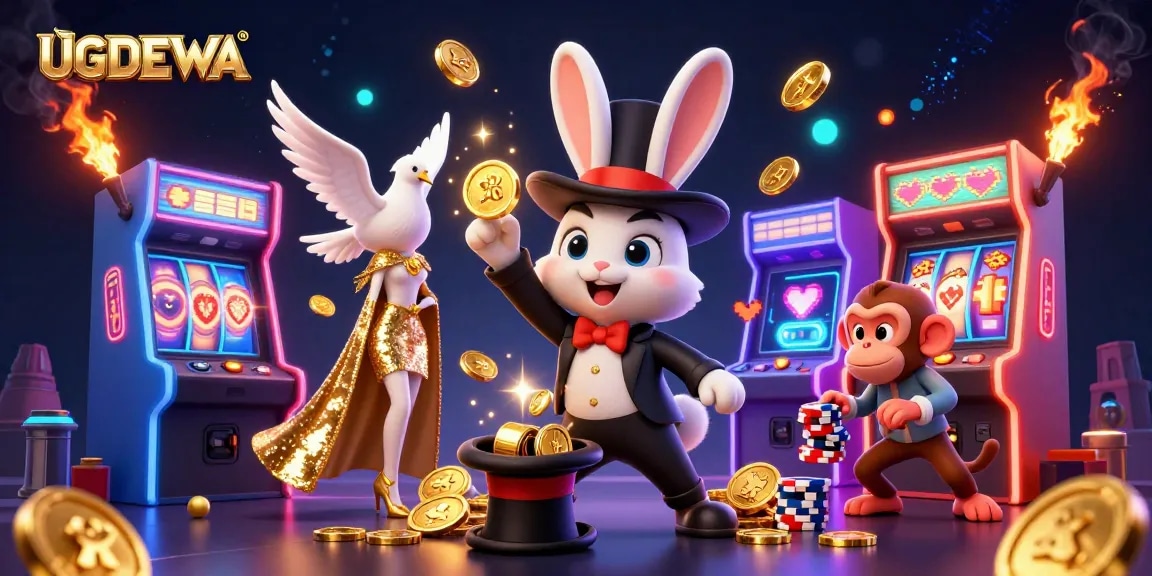 Experience the thrill of winning on UGDEWA with magical coins and vibrant game elements in a dynamic casino scene.