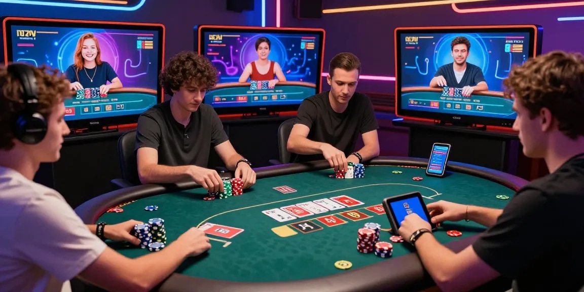 Situs Poker Online Resmi Domino88 offers an engaging poker gaming experience, vibrant scenes of players in a modern digital casino.