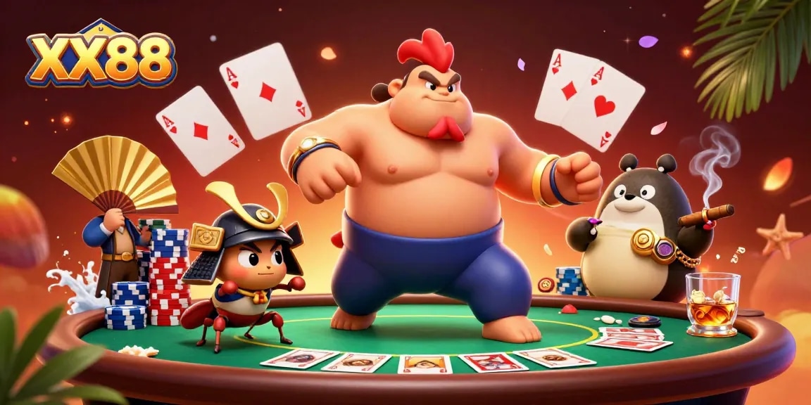 Experience the excitement of XX88 with a dynamic gambling scene featuring a powerful sumo rooster and a fierce cricket.