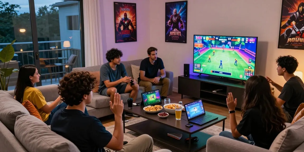 Friends enjoying competitive gaming in a cozy living room, playing 3patti-ok