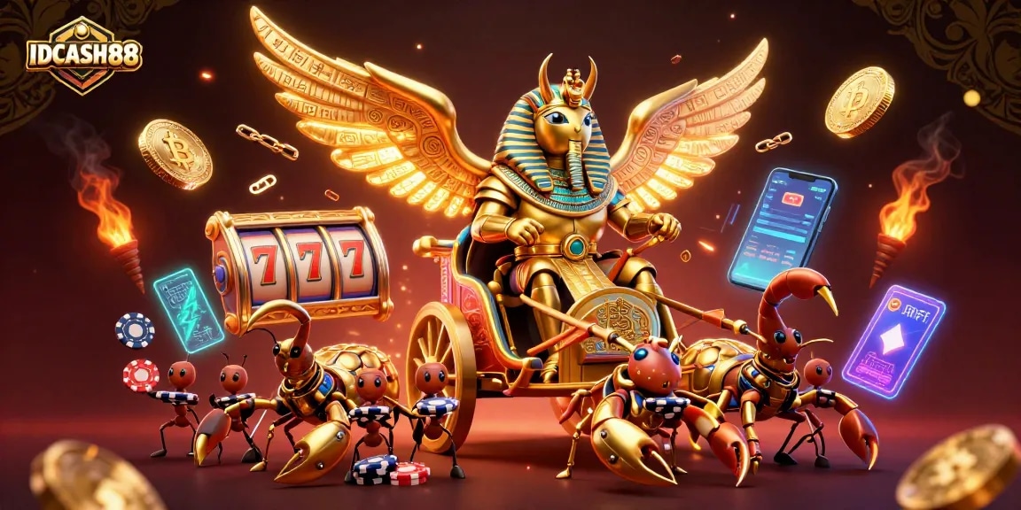 Spin and win at IDCASH88 with a vibrant scene featuring golden scarabs and slots action.