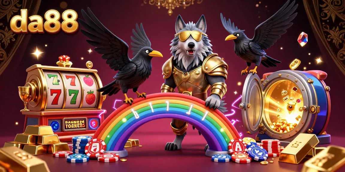 Engage with da88 through a vibrant illustration showcasing casino excitement featuring Odin and two ravens.