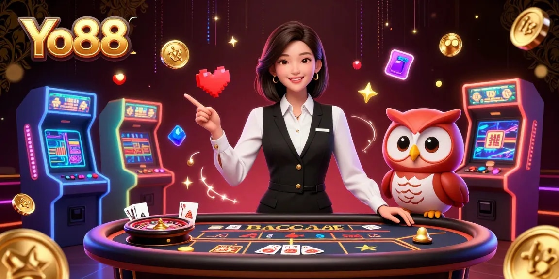 Play exciting games at Yo88 with a lively 3D casino illustration showcasing dealers and vibrant game elements.