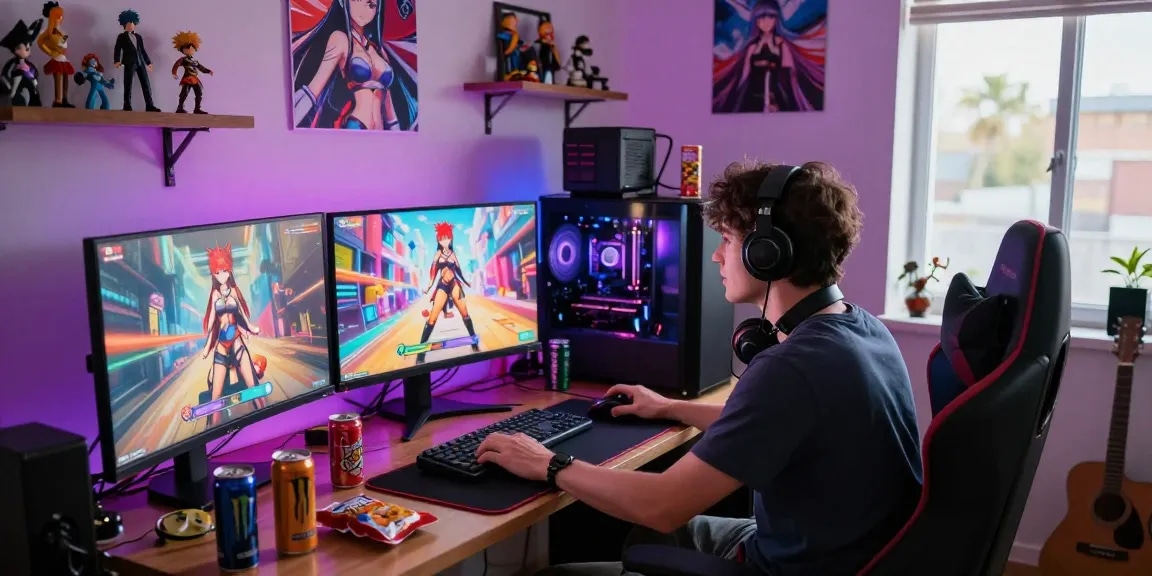 Engaging scene of a player immersed in a hentai game with vibrant gaming setup.
