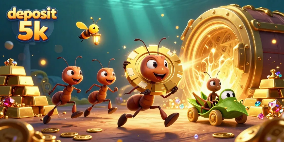 Experience the thrill of deposit 5k with a cartoon heist scene featuring ants, gold, and gems.