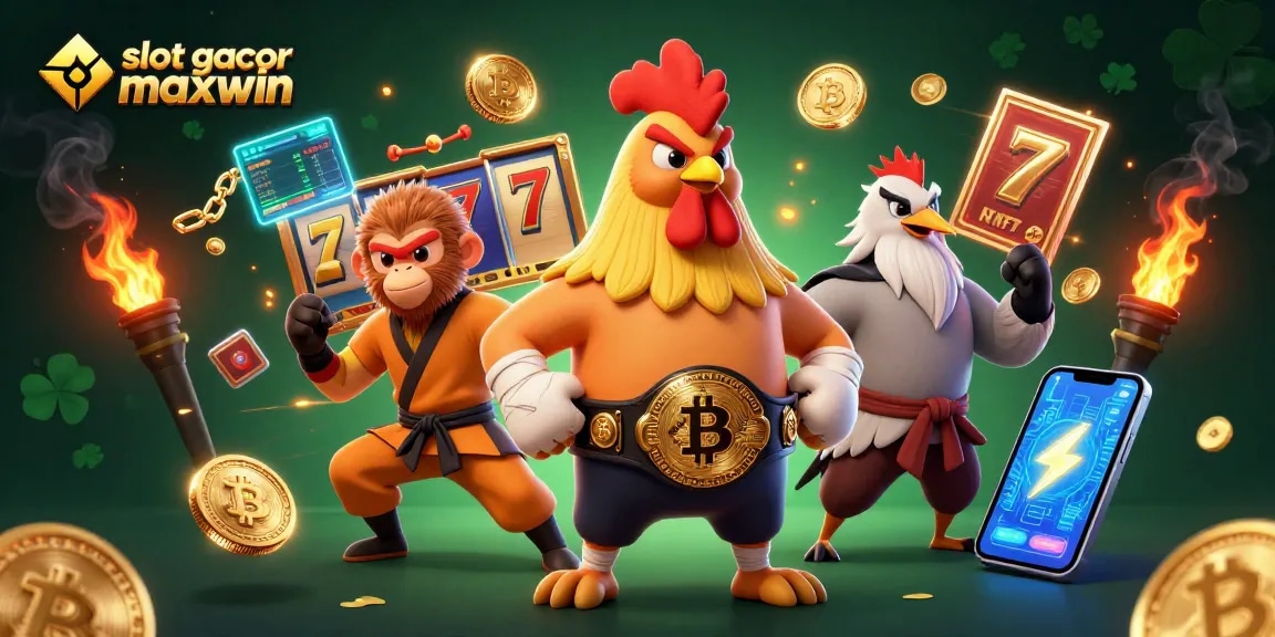 Experience thrilling slot gacor maxwin gameplay with 3D characters amidst vibrant slot reels and crypto elements.
