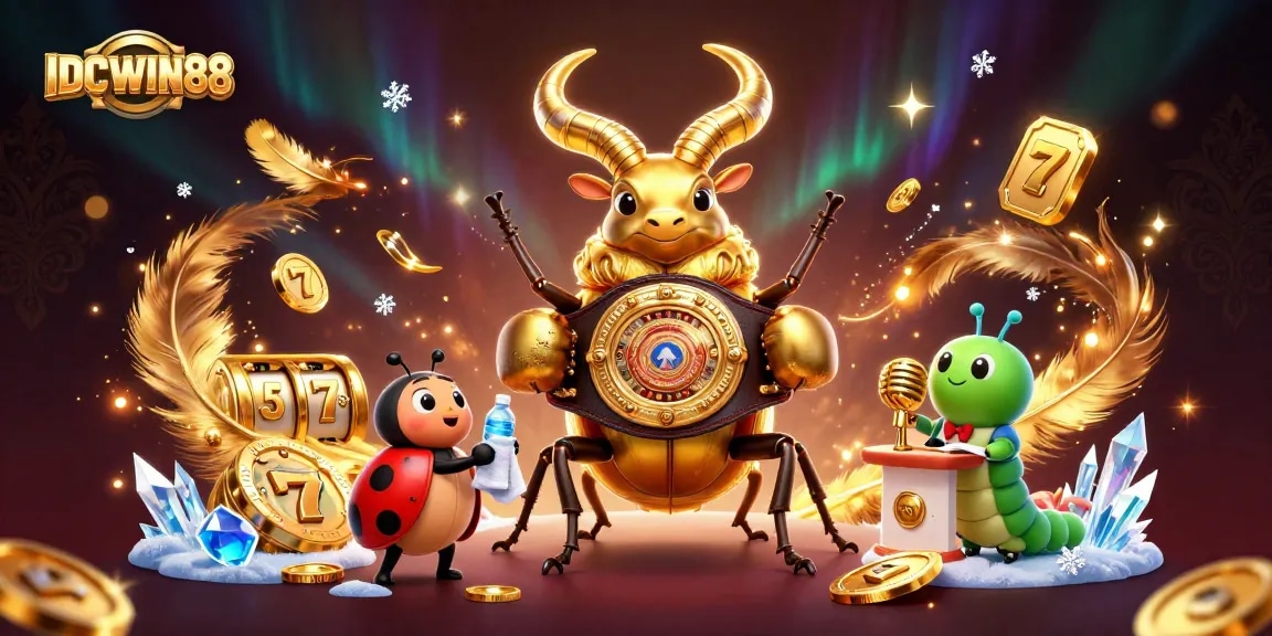 Engage with IDCWIN88's dynamic slot games featuring a giant beetle champion in an immersive casino arena.