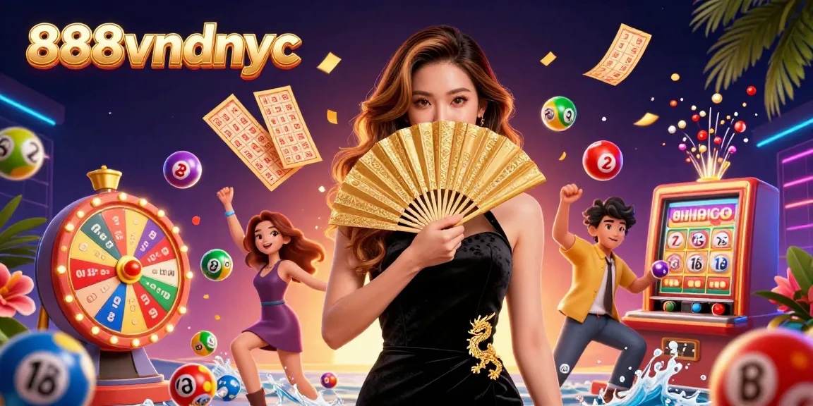 Experience thrilling gameplay at 888vndnyc with colorful lottery balls and a stunning Asian character.