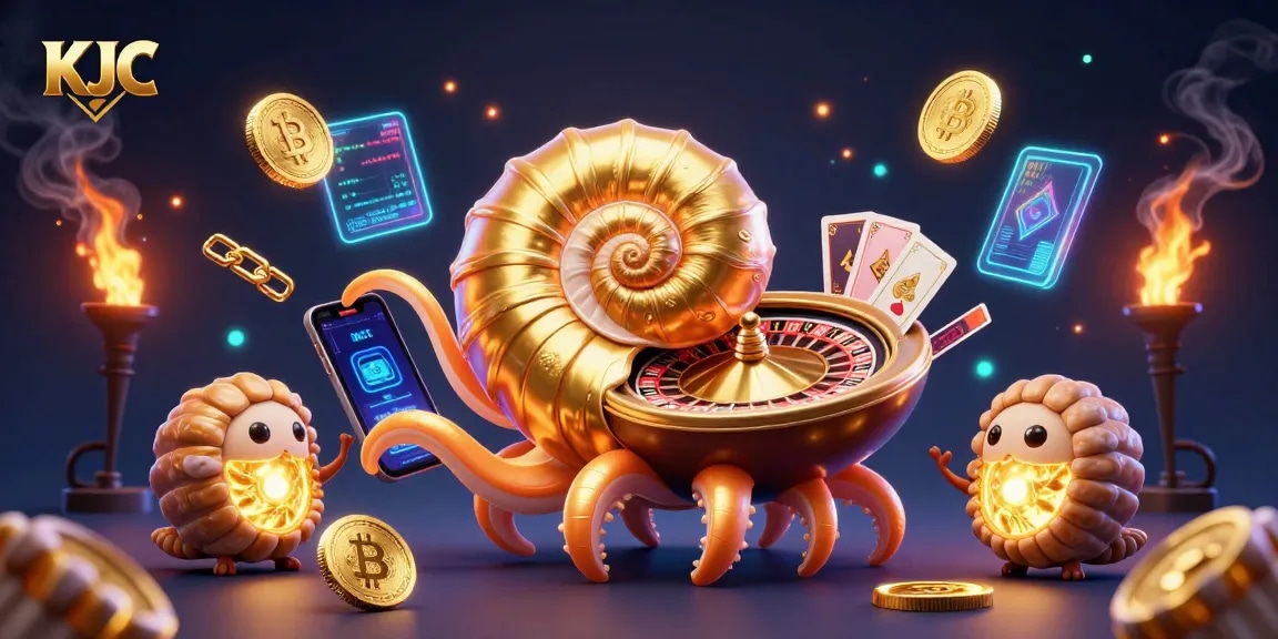 Experience the thrill of KJC with a dynamic 3D illustration of a nautilus roulette wheel surrounded by glowing crypto elements.