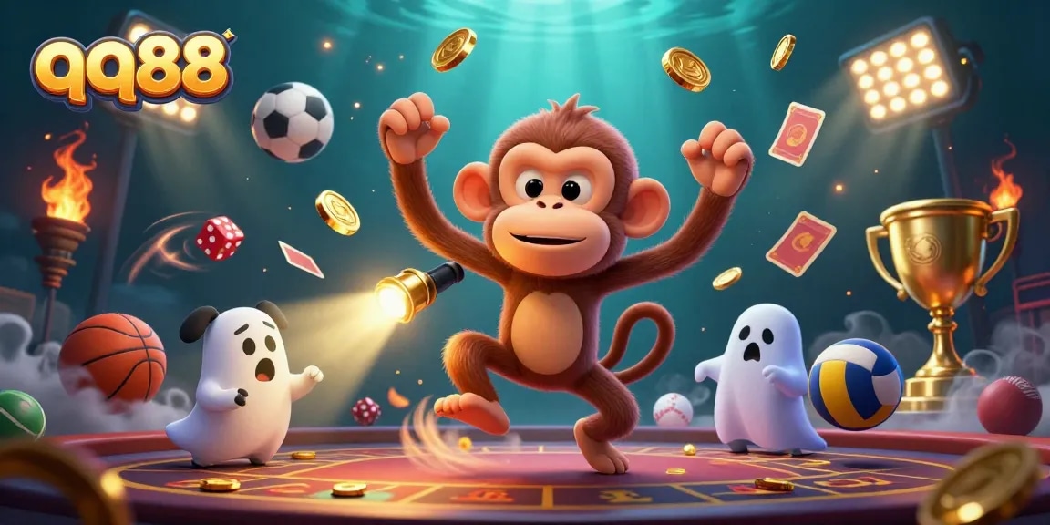 Engage in thrilling gambling excitement at qq88 with a playful ghost monkey in a haunted casino.