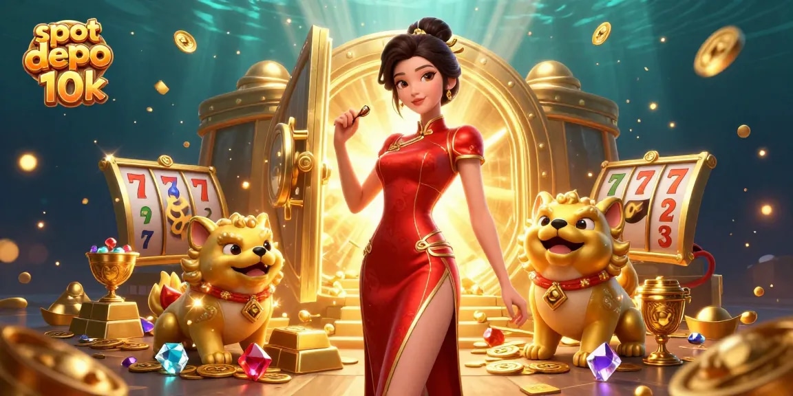 Experience the thrill of slot depo 10k with our vibrant casino-themed illustration featuring dynamic slot reels.
