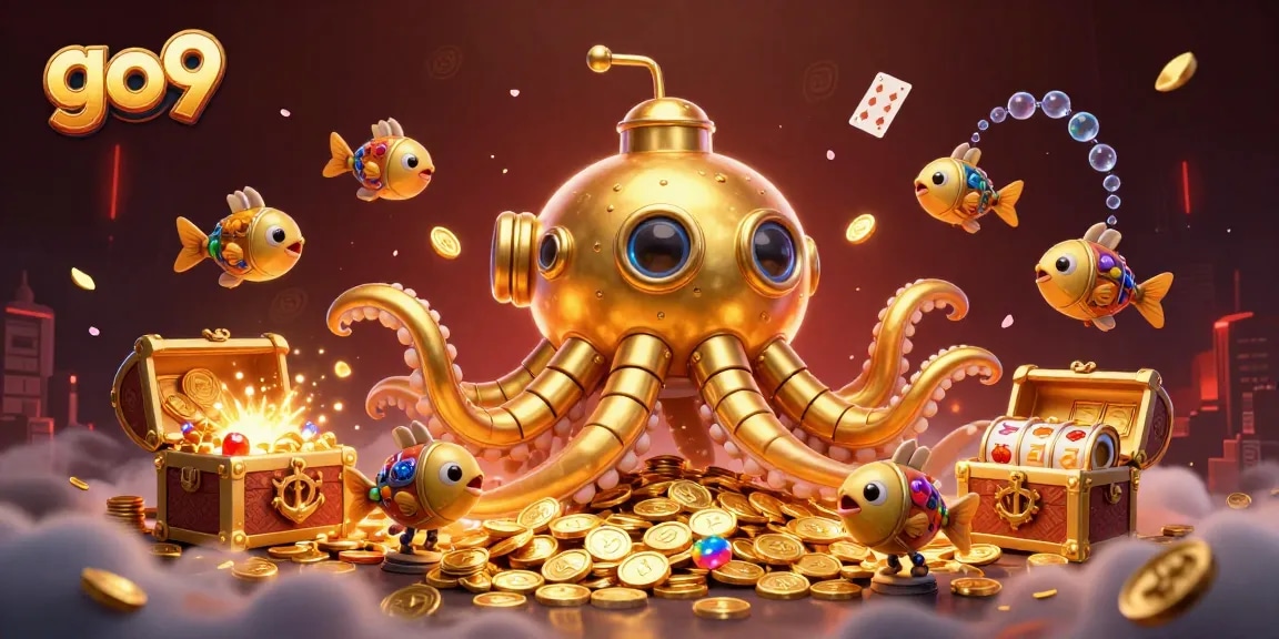 Engage with go9's thrilling underwater adventure featuring a golden kraken and treasure-filled slots.
