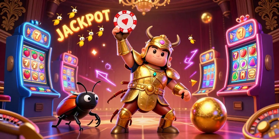 IDNSCORE players celebrate a jackpot win in a vibrant casino atmosphere with 3D gaming elements.