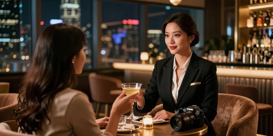 Cảnh gái gọi sang trọng trong quán bar, ánh đèn ấm áp, thể hiện sự quyến rũ và đẳng cấp.