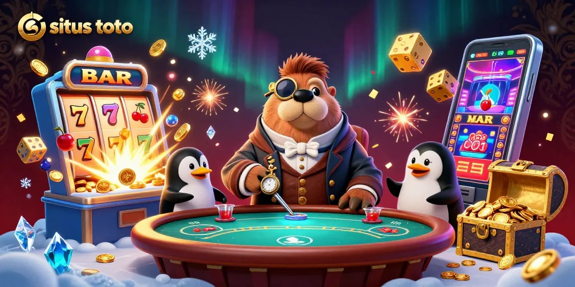 Engage in thrilling situs toto action with a colorful underwater casino scene featuring a walrus at a poker table, a penguin dealer, and dynamic casino elements.