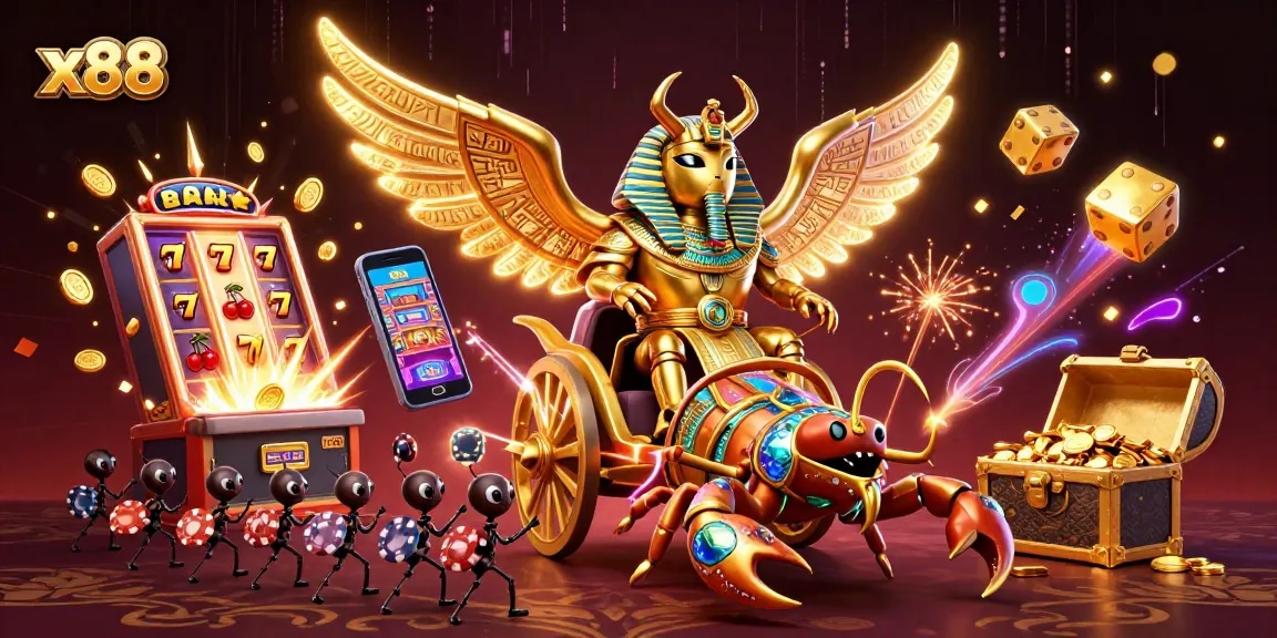 x88 players spinning the jackpot reels with a vibrant slot machine bursting coins.