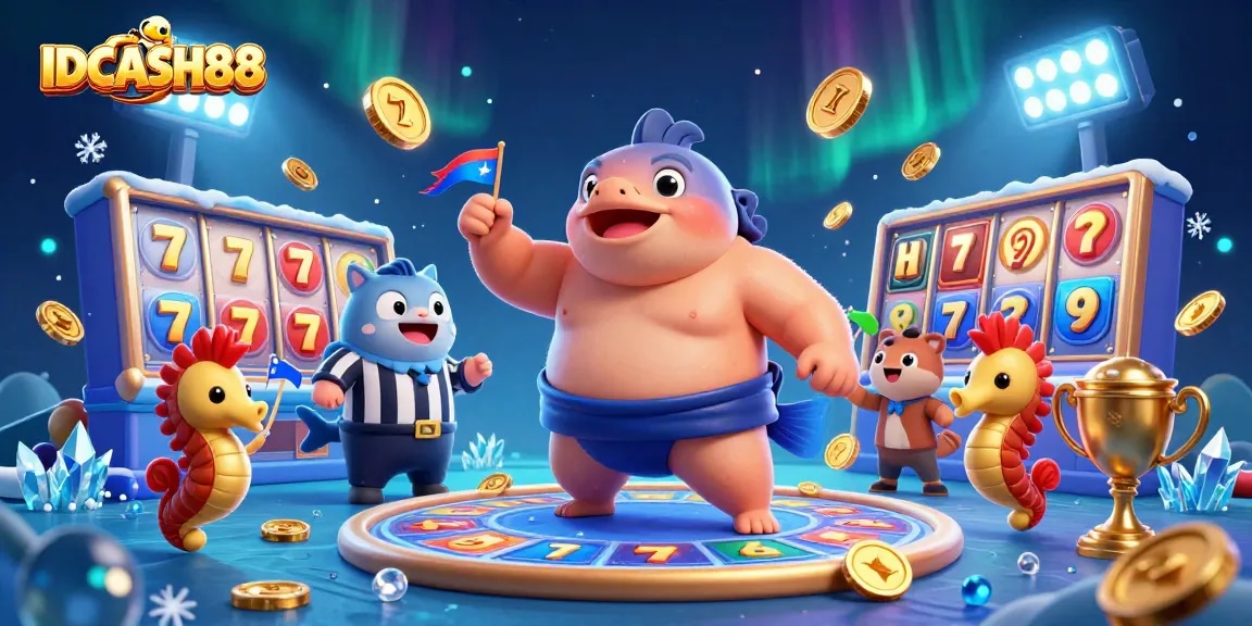 Spin the reels with IDCASH88's vibrant underwater casino scene featuring colorful slot elements and a lively backdrop.