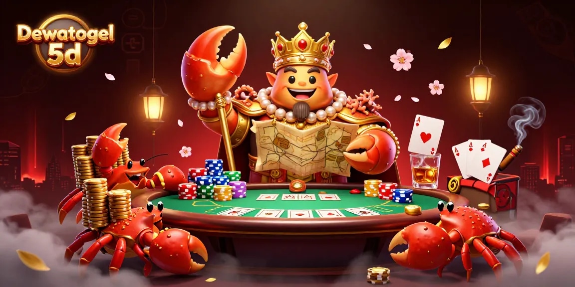 Experience Dewatogel 5d betting with a dynamic scene featuring a golden crab emperor and vibrant casino elements.