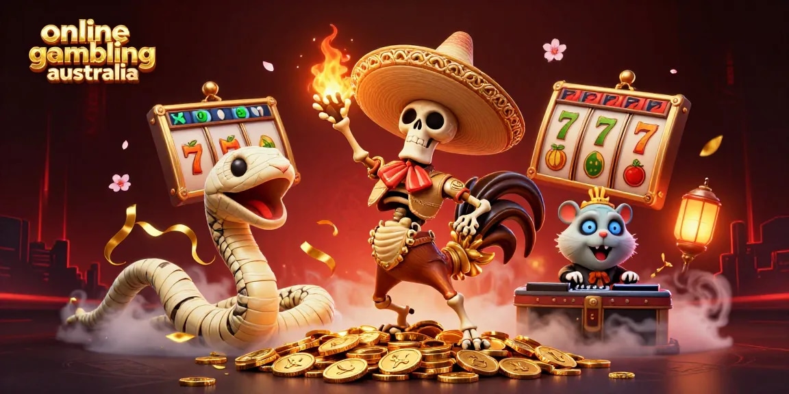 Experience online gambling in Australia with vibrant 3D characters celebrating around slot machines.