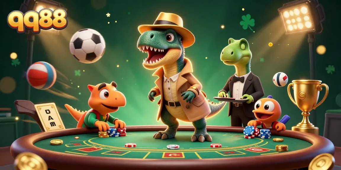 Experience the excitement at qq88 with a lively scene showcasing animated characters in a dynamic casino environment.