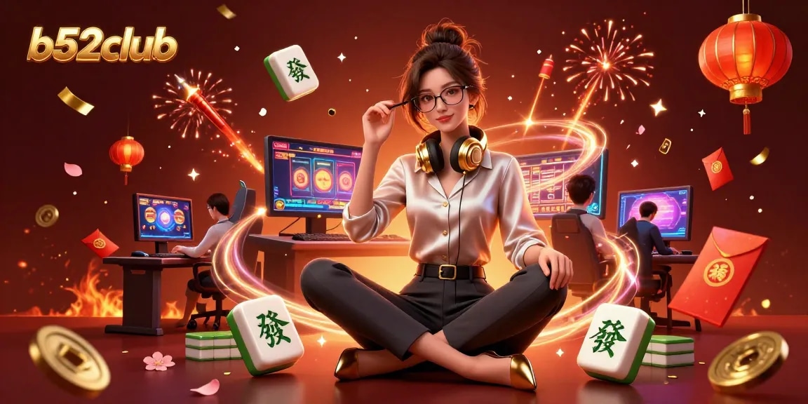 b52club brings casino excitement to life in a vibrant gaming illustration with slot machines and festive elements.