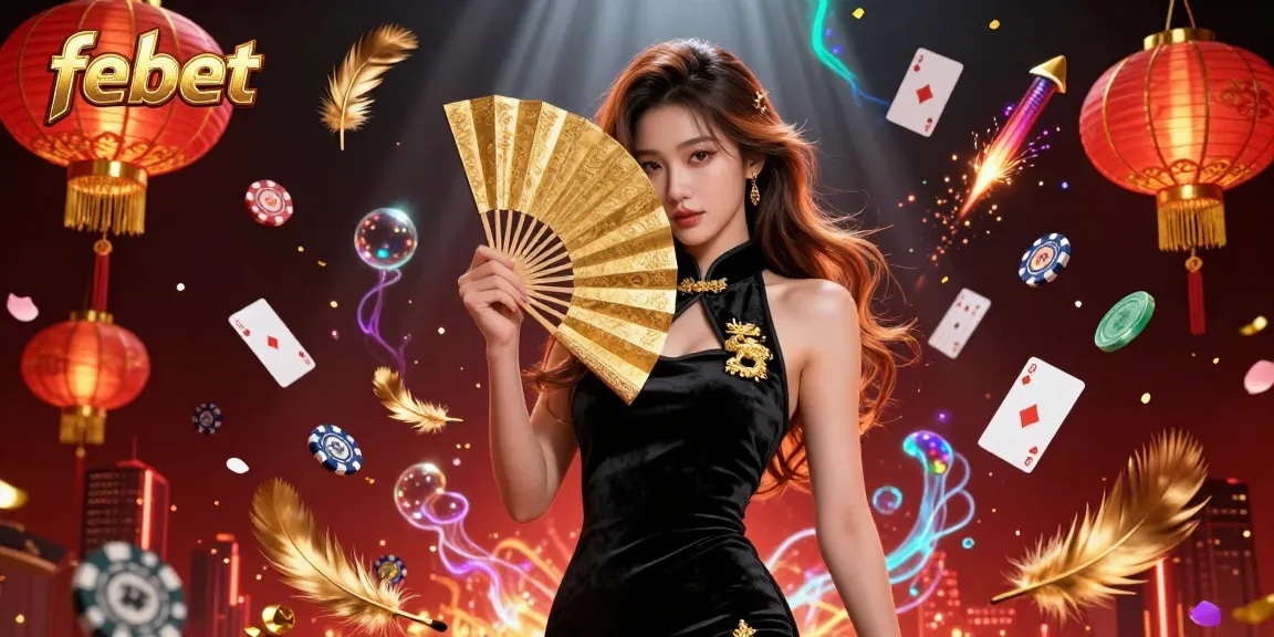 Experience thrilling casino moments with febet, featuring an elegant woman within a vibrant gambling scene.