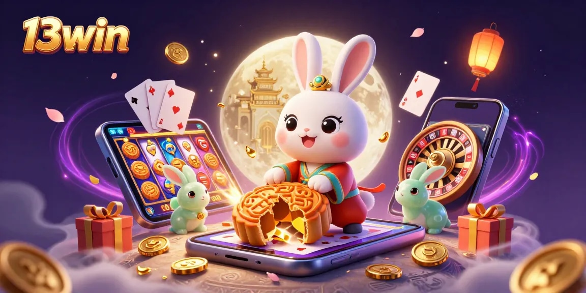 Engaging scene with 13win characters on the moon, integrating casino elements like slot games and poker chips.