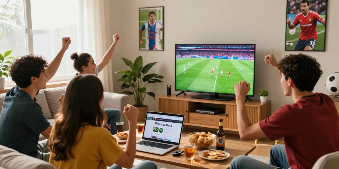 Friends enjoying Pelota Libre live football streaming in a cozy living room.