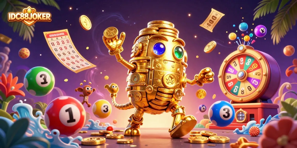 Engage with IDC88JOKER's thrilling casino adventure featuring cartoon golem, vibrant colors, and exciting elements.