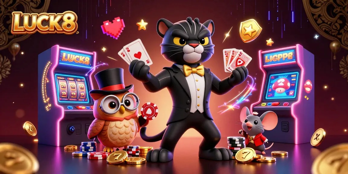LUCK8 showcases a stylish panther dealing cards among vibrant casino elements and characters.