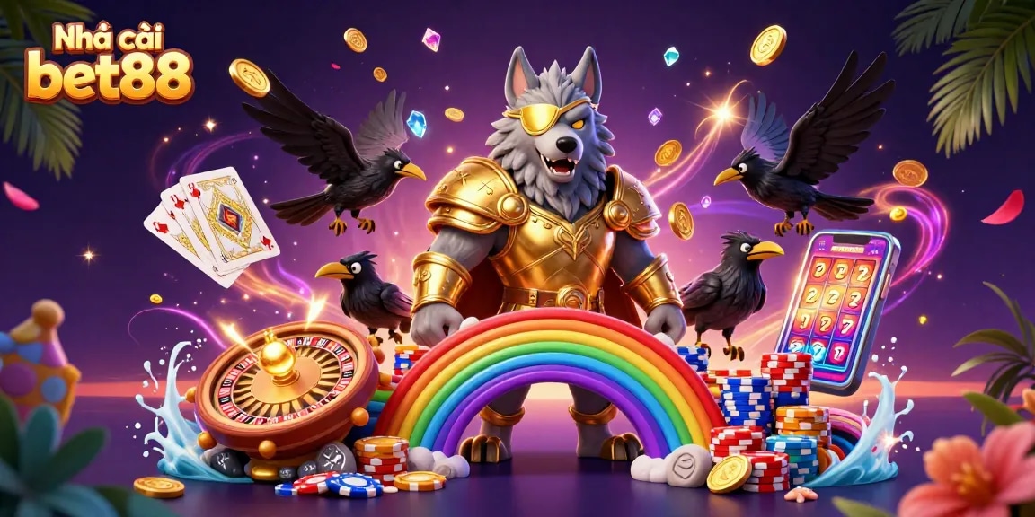 Experience thrilling action with Nhà cái bet88's vibrant 3D illustration of casino elements and Norse mythology.