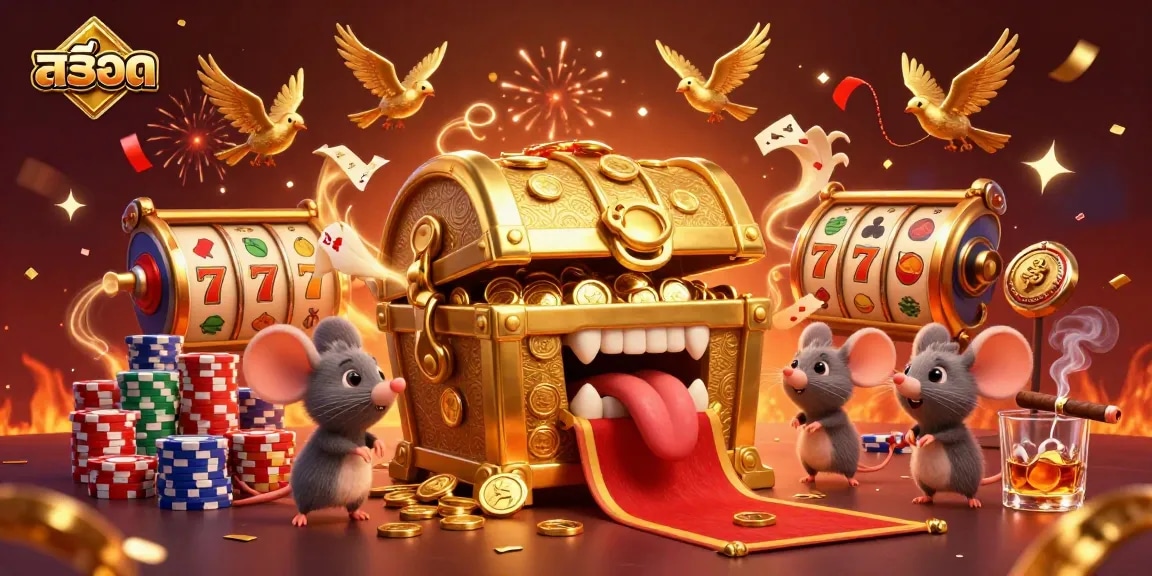 Play สล็อต slots and win big with a golden treasure chest, poker chips, and festive confetti.
