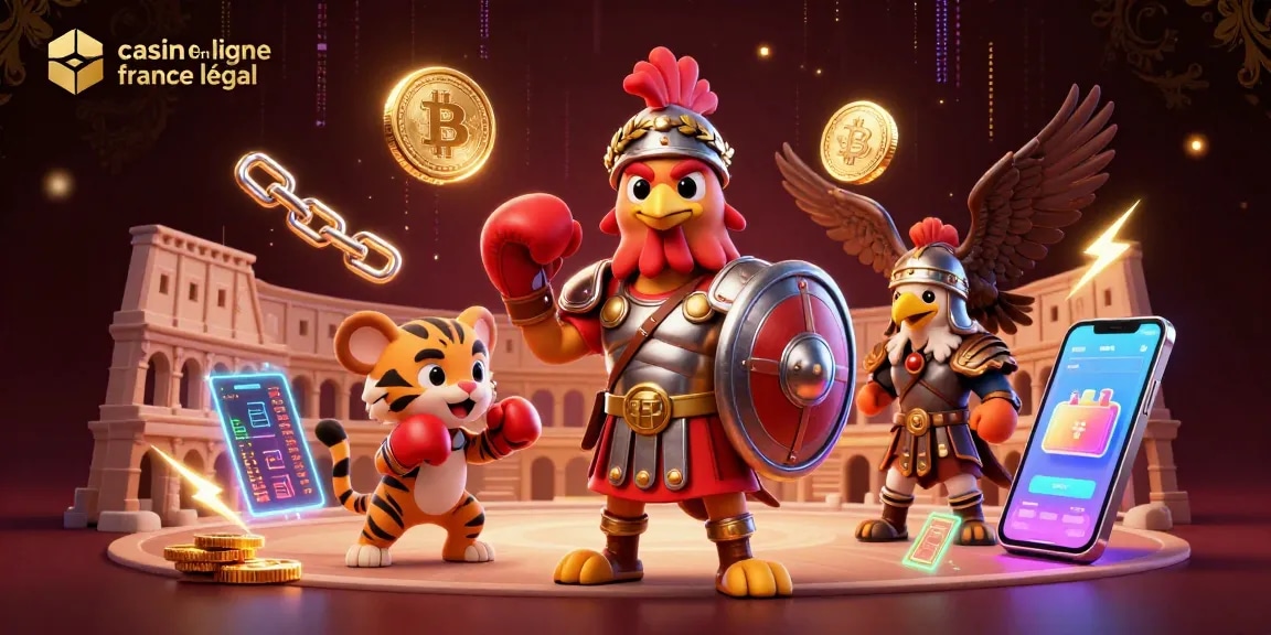 Participez à un gameplay captivant dans cette scène vibrante de casino en ligne france légal, mettant en avant un mélange unique de personnages de dessin animé et d'éléments crypto.