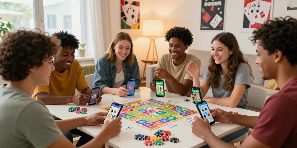 Engaged friends playing Card Rummy, showcasing the vibrant atmosphere of online gaming at https://cardrummyapp.com.pk/ with snacks and mobile devices.