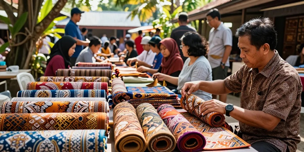 BATIK 88 - Suasana pasar batik dengan pengrajin yang menciptakan tekstil batik berwarna-warni.