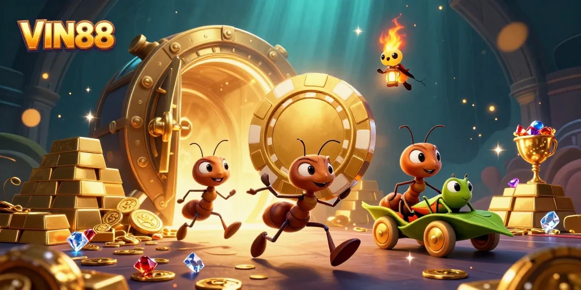 Ants carrying a giant poker chip symbolize VIN88's thrilling casino adventures, radiating excitement.