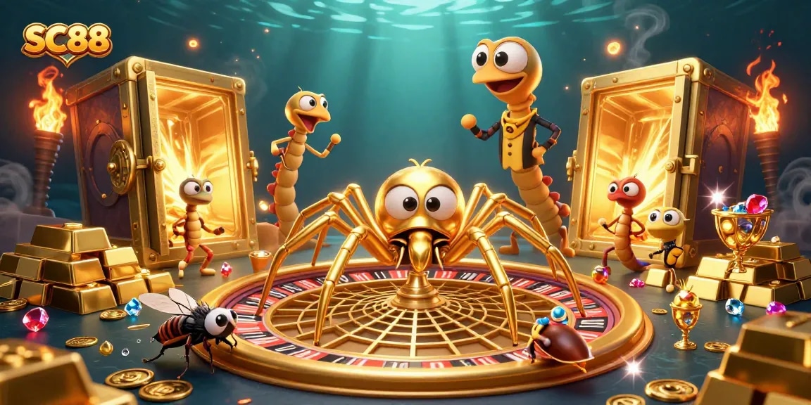 Engage in thrilling bets at SC88 with a golden roulette wheel and a centipede croupier.