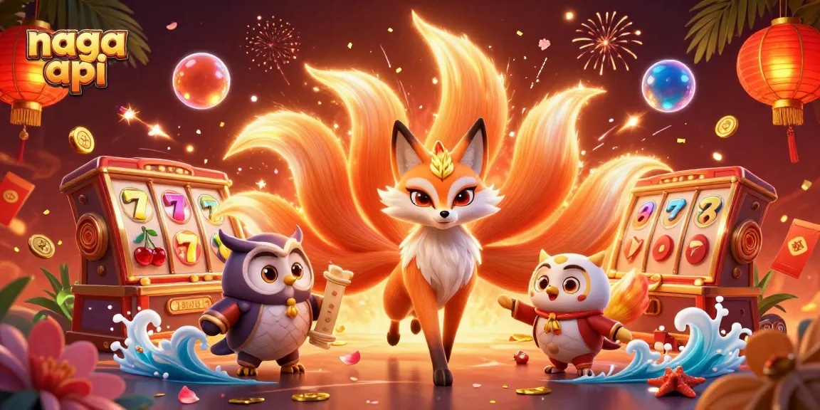 Engage with the vibrant world of Naga API in this dynamic slot-themed 3D illustration