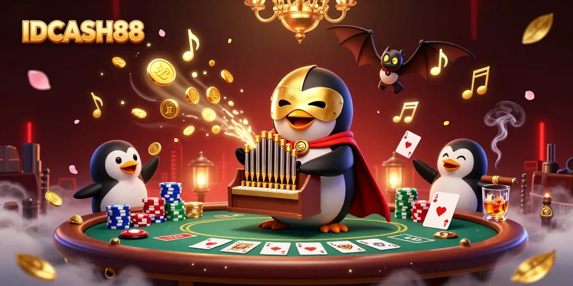 Experience the excitement of IDCASH88 with a vibrant casino-themed illustration full of action.