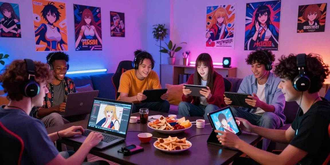 Players engaging with hentai games on various devices in a lively gaming room.