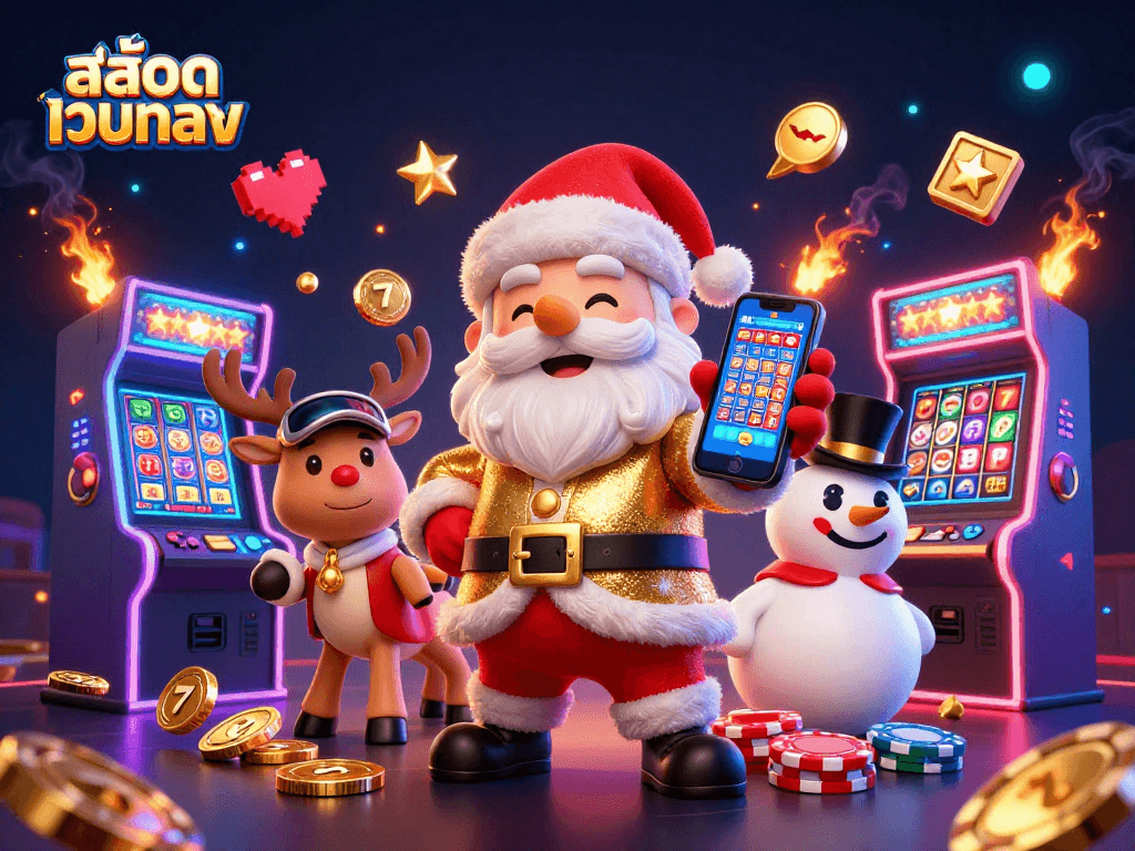 Play jackpot slots at สล็อตเว็บตรง with Santa and friends in a vibrant casino scene.