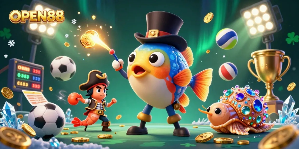 Engage with exciting games at OPEN88, featuring vibrant characters attracting coins in a lively casino scene.