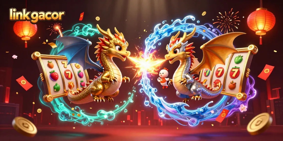 Experience thrill with link gacor as golden and silver dragons unleash fire and ice in an exciting casino landscape.