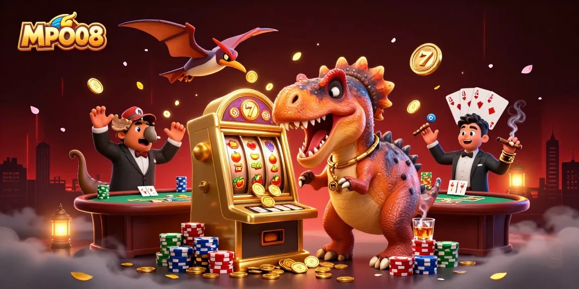 MPO08 platform showcases a cartoon dinosaur celebrating jackpot wins at a vibrant casino scene.