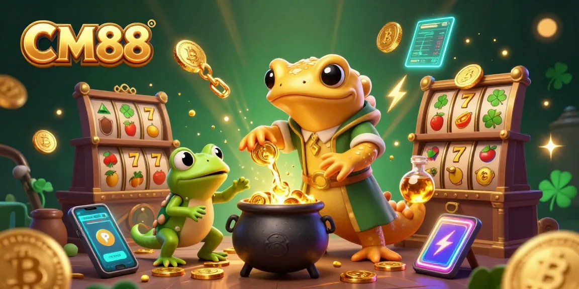 Players experience thrilling slot games at CM88, surrounded by golden magic and crypto coins.