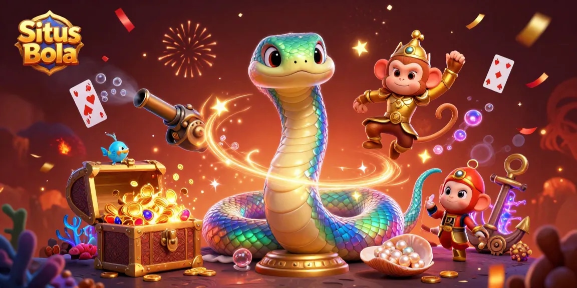 Situs Bola offers thrilling gameplay featuring a rainbow serpent and monkey king amidst sparkling treasures.