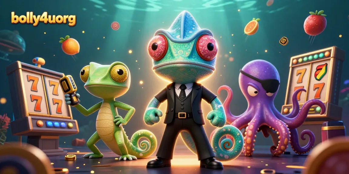 Bolly4uorg showcases a thrilling casino scene with vibrant slot reels and characters amidst energetic gaming elements.